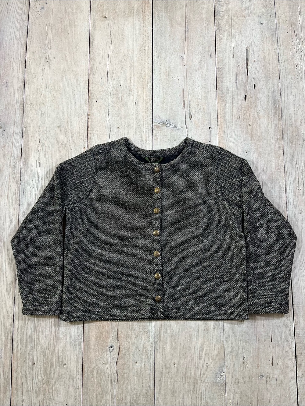 Vintage LL Bean Womens Gray Textured Knit Cardigan Jacket Brass Buttons Size M